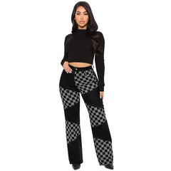 Denim Plaid Contrast Color Straight Jeans