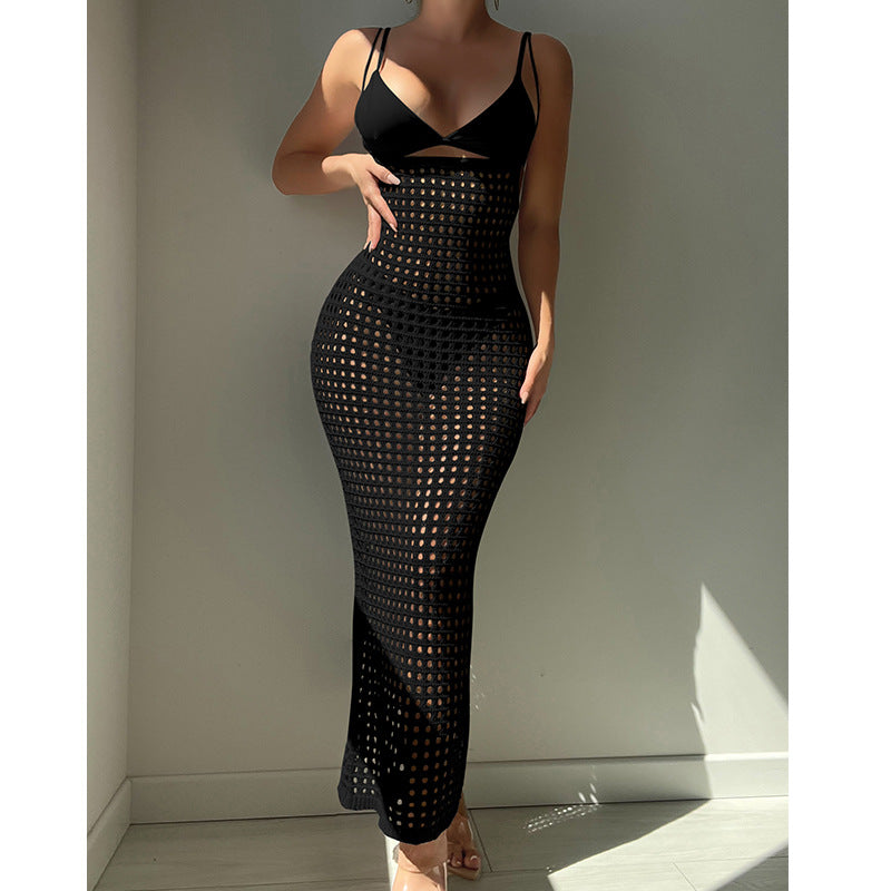 Knitted Camisole Hollow Out Cutout Texture Slim High Waist Maxi Dress Beach Cover up Dress