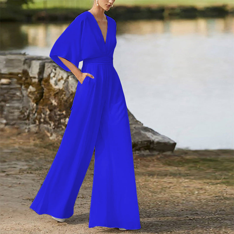 Dress Jumpsuit Deep V Plunge High Waist Wide Leg Trousers