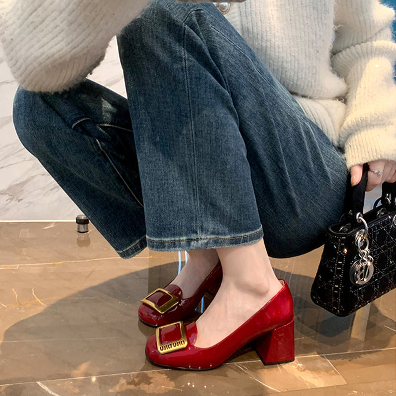 Women's Toe Metal Buckle Square Chunky Professional
