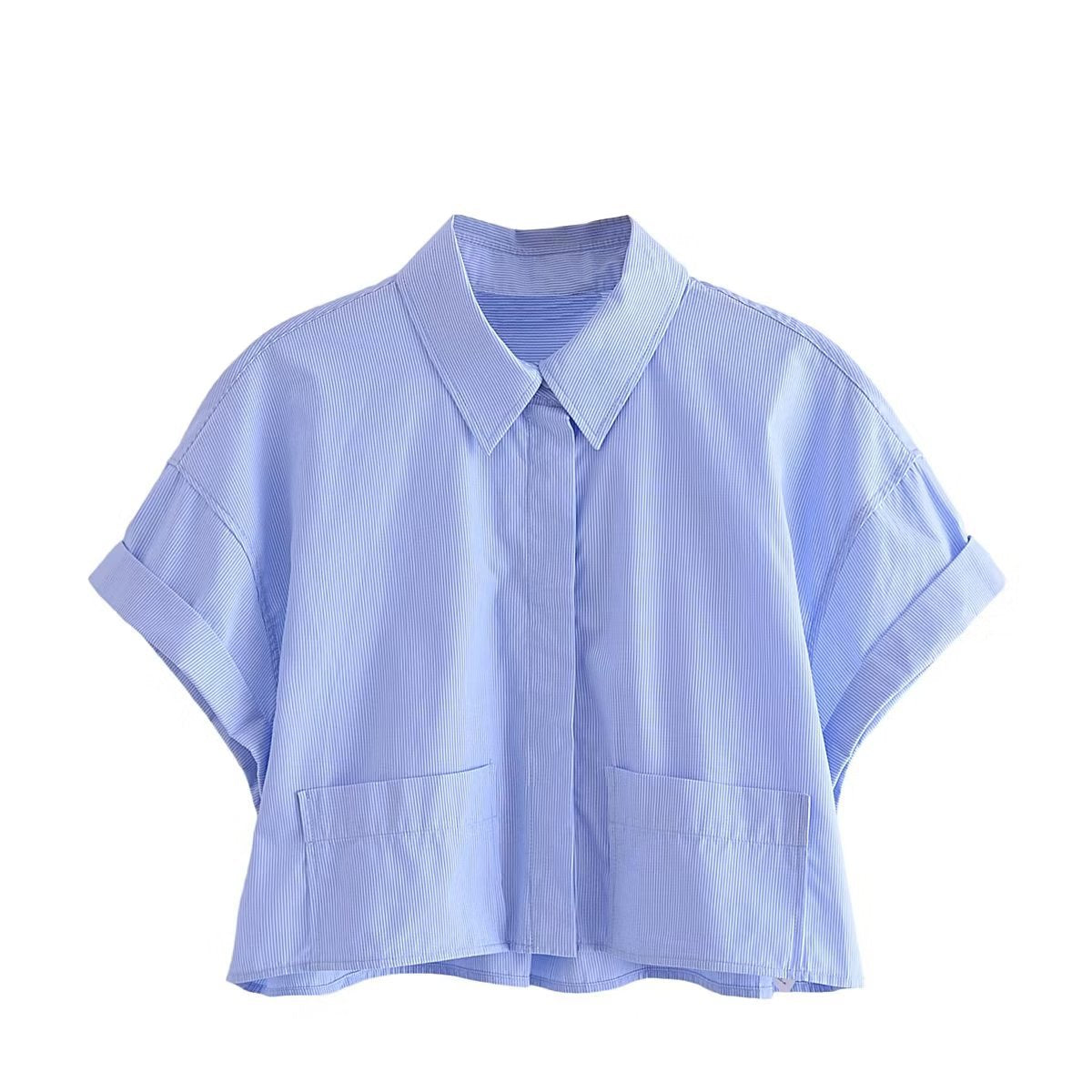 Collared Curling Short Sleeve Poplin Short Shirt