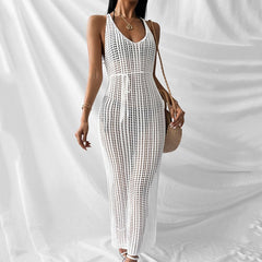 Knitted Hollow Out Cutout Backless Beach Cover Up Vacation Maxi Dress Sun Protection Shirt Beach Cover Up