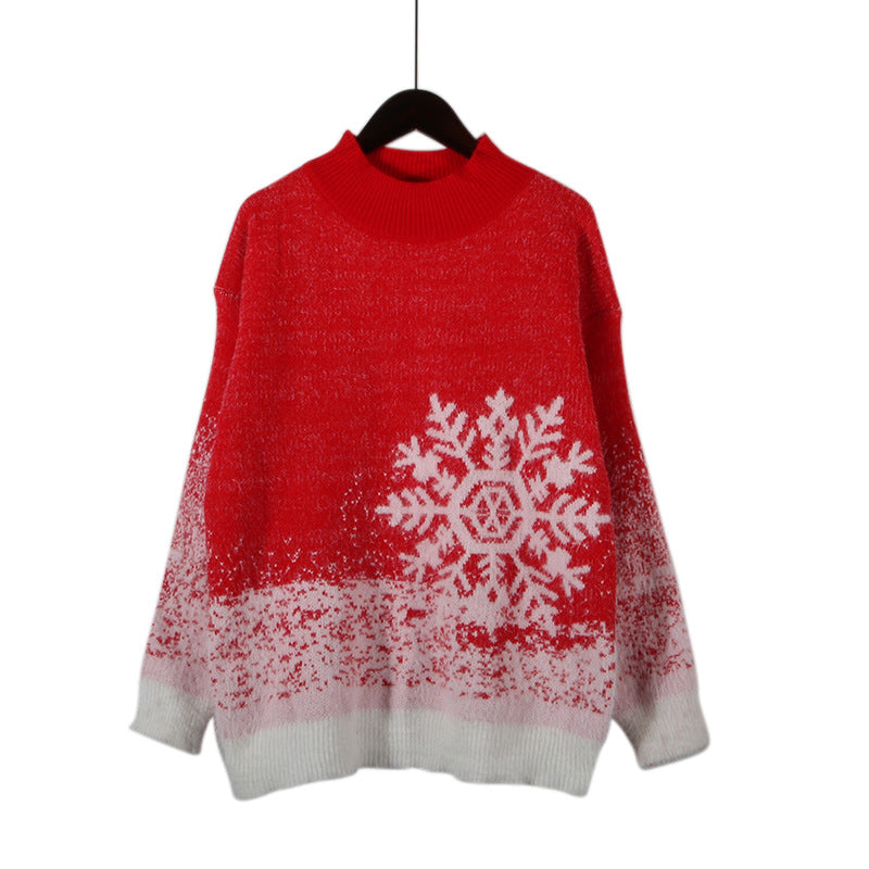 Half High Collar Long Sleeves Snowflake Color Matching Knitted Christmas Sweater Pullover
