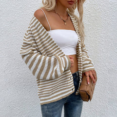 Casual Button Knitted Cardigan Striped V Neck Lantern Sleeve Sweater