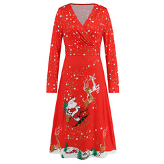 V Neck Long Sleeved Christmas Printed Dress Christmas Dress Year Party Play Maxi Dress
