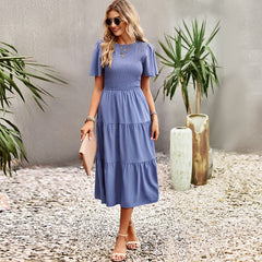 Waist Tight Slimming Large Hem Dress round Neck Smocking Vacation Dress