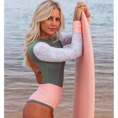 Swimwear Solid Color Printed Patchwork Long Sleeves Surfing Suit Open Back Swimsuit