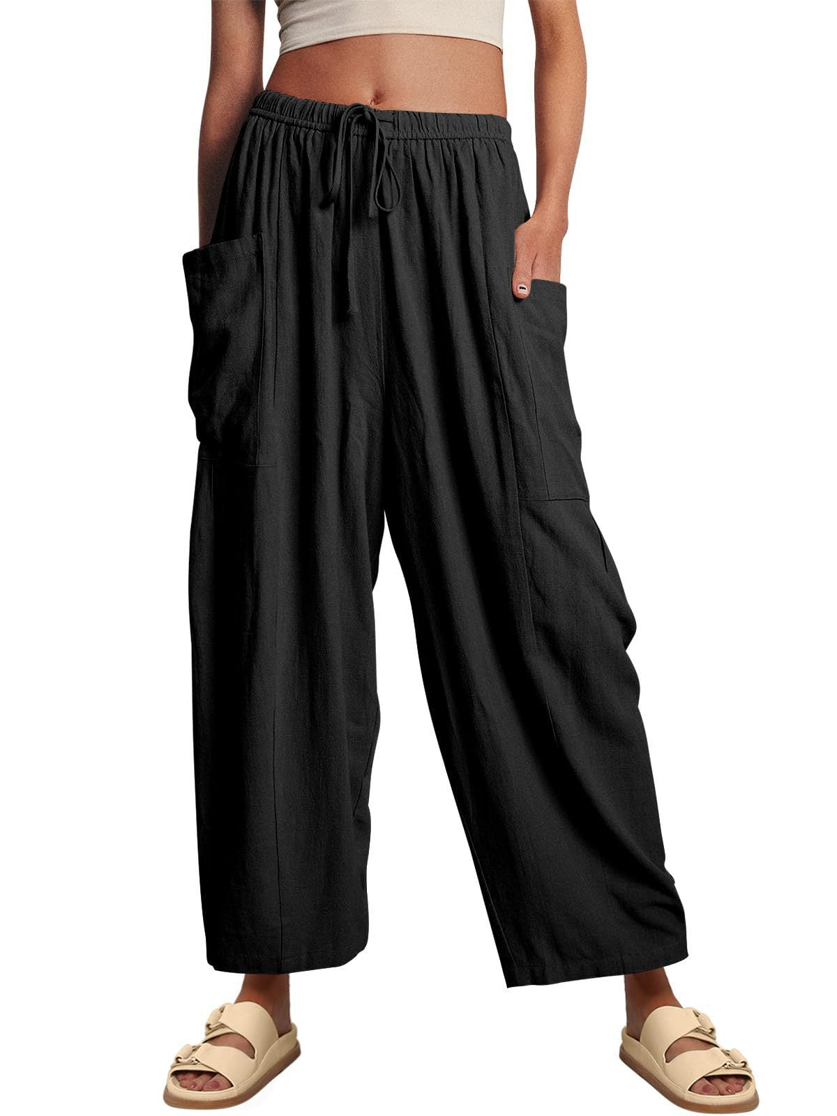 Elastic Waist Pleated High Waist Wide Leg Pants Loose Casual Cotton Linen Trousers