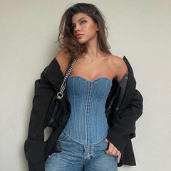 Street Cool Waist Tight Corset Lace-up Vest off-Shoulder Denim Split Wrapped Chest