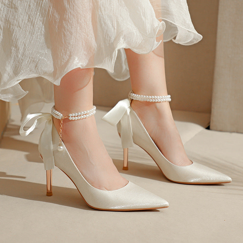 Fu Pointed High Stilettos Bow Pearl