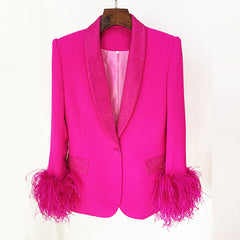 Star Luxury Ostrich Feather True Feathers Rhinestone Green Fruit Collar Blazer