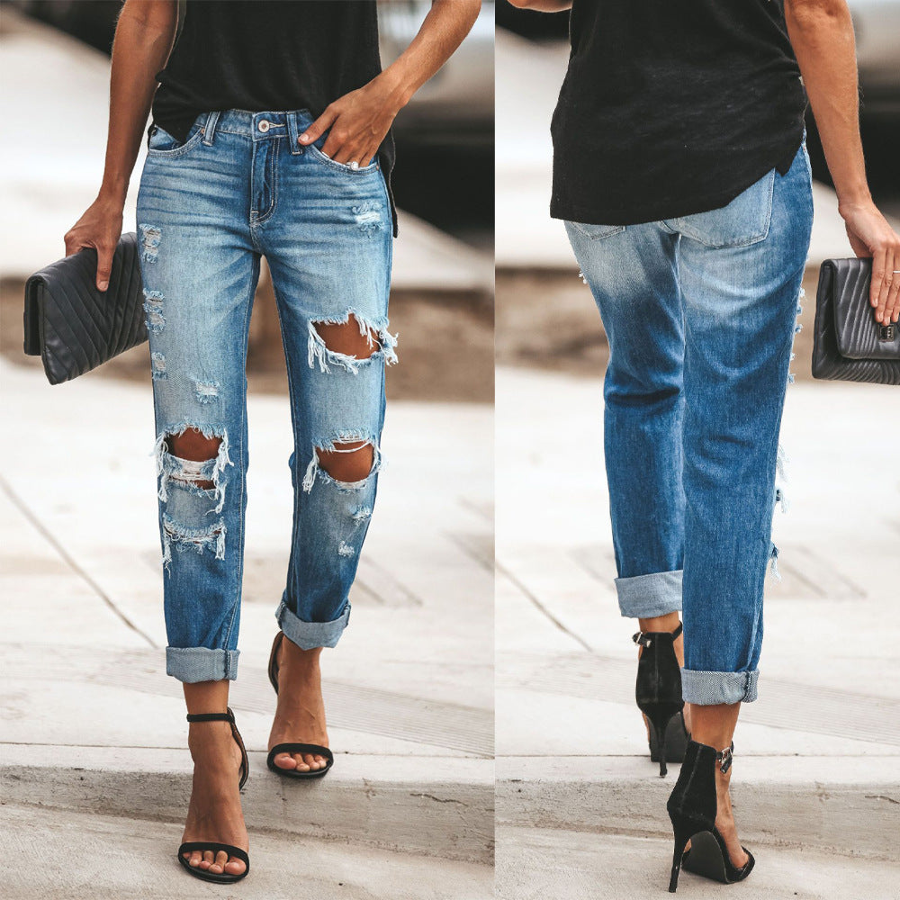 Lässige verwaschene, zerrissene Straight Street Jeans