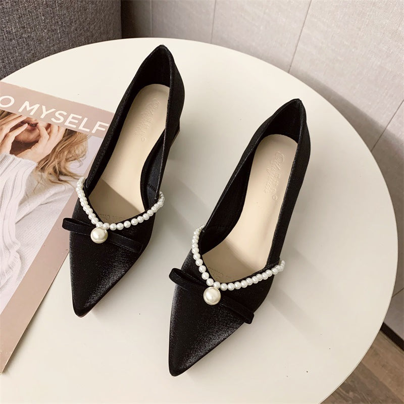 Pearl Bow Pumps Mid Chunky Pointed High