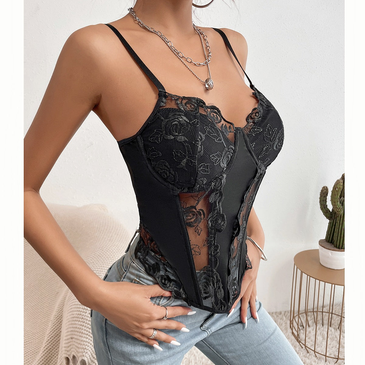Lace Rose Pattern Boning Corset Stitching Diamond Shaped Sling