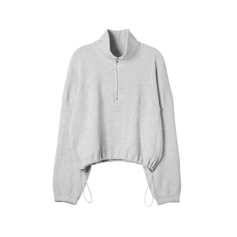 Fall Waffle Sweaters Long Sleeve Zipper Polo Shirt Drawstring Waist Casual Pullover