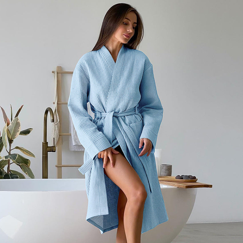Comfortable Waffle Long Robe Hotel Bathrobe Home Wear