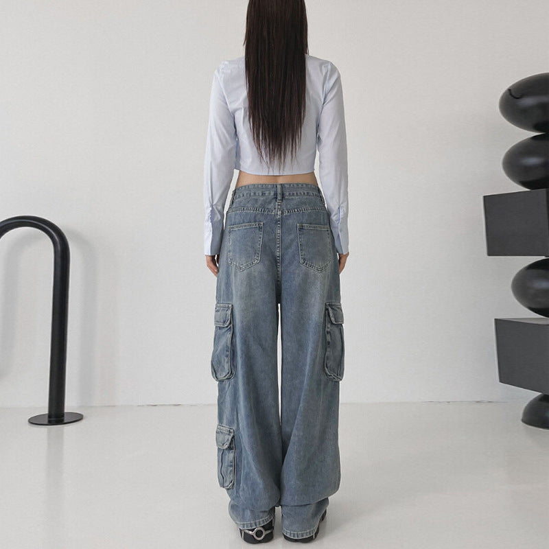 Pantalon droit drapé ample bleu vieilli de Big Workwear avec jeans à poches