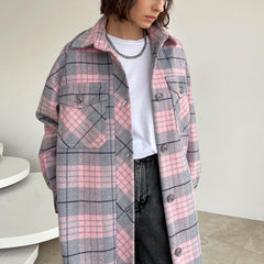 Long Sleeve Collared Plaid Coat Casual Woolen Long Cut Coat