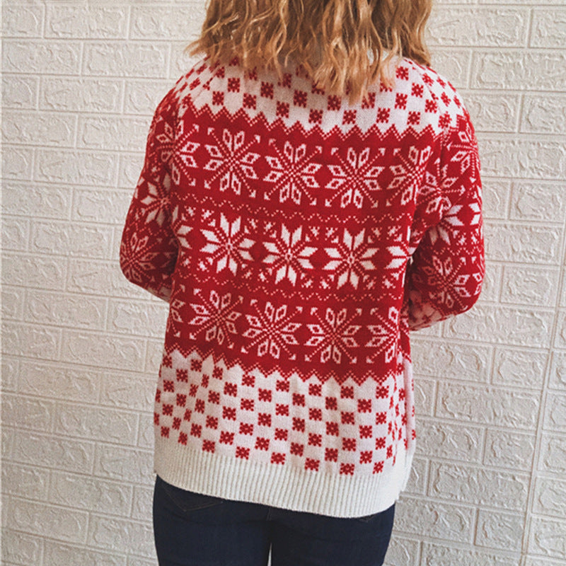 Casual Classic Christmas Sweater Snowflake Long Sleeve round Neck Knitted Pullover