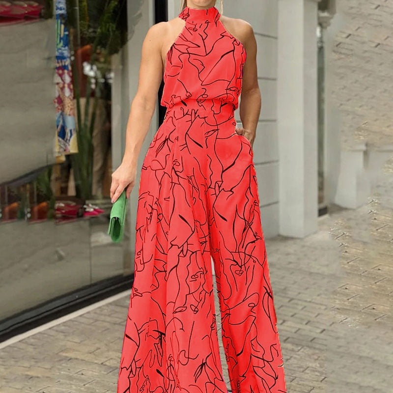 Elegant High Waist Lace up Sleeveless Halter Trousers Jumpsuit