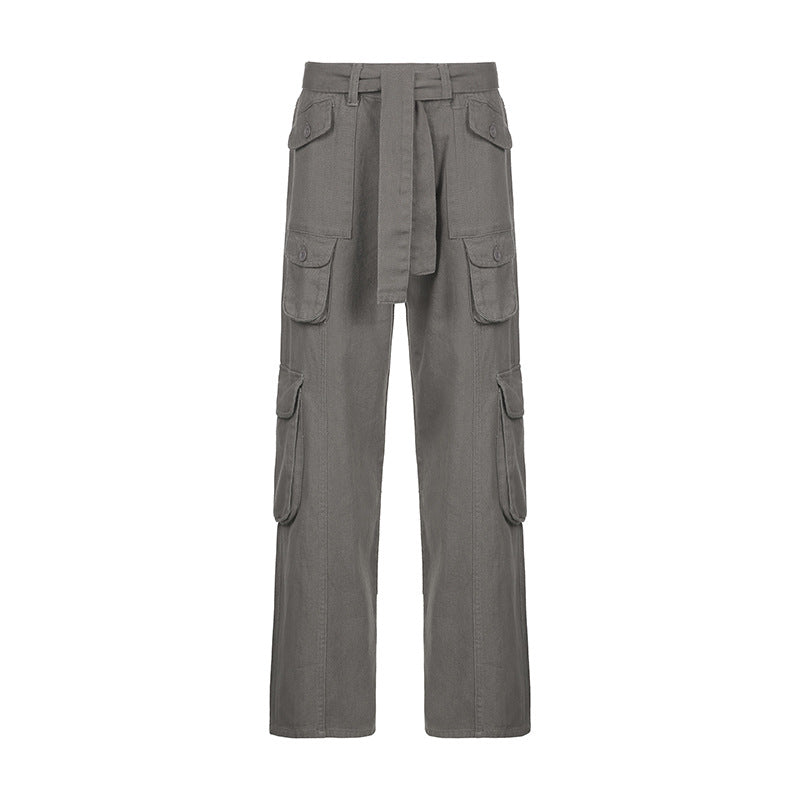 Jean cargo taille basse à lacets, couleur unie, multi-poches, pantalon patchwork amincissant