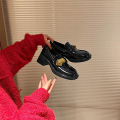 New Slouchy Black High-heeled Genuine Chunky Heels