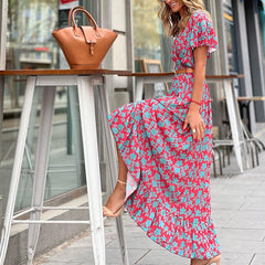 Printed V neck Casual Irregular Asymmetric Dress