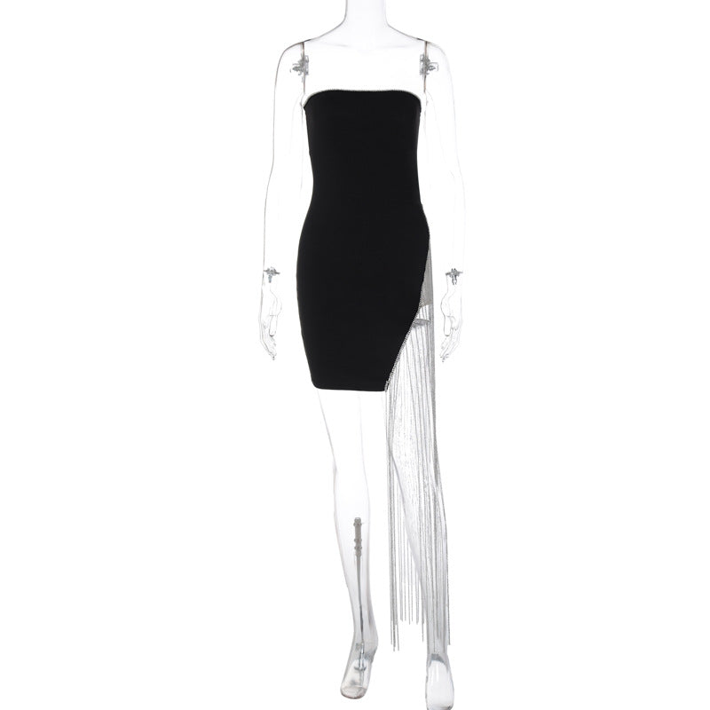Solid Color Chest Wrap Adult Lady like Woman Stitching Tassel Split Dress