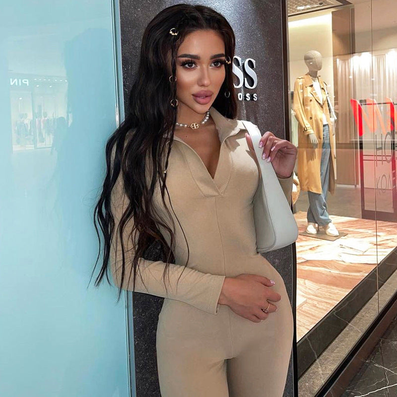 Polo Collar Slimming Long Sleeves Casual Wide Leg Pant Jumpsuit
