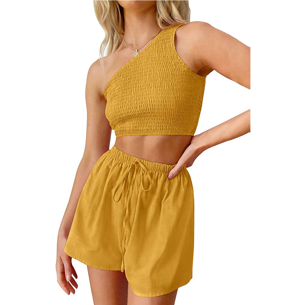 One Shoulder Pleated Cropped Top Shorts Beach Two Piece Suit