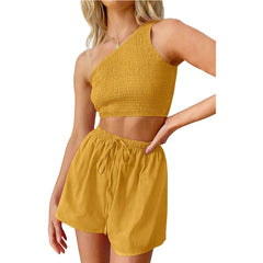 One Shoulder Pleated Cropped Top Shorts Beach Two Piece Suit