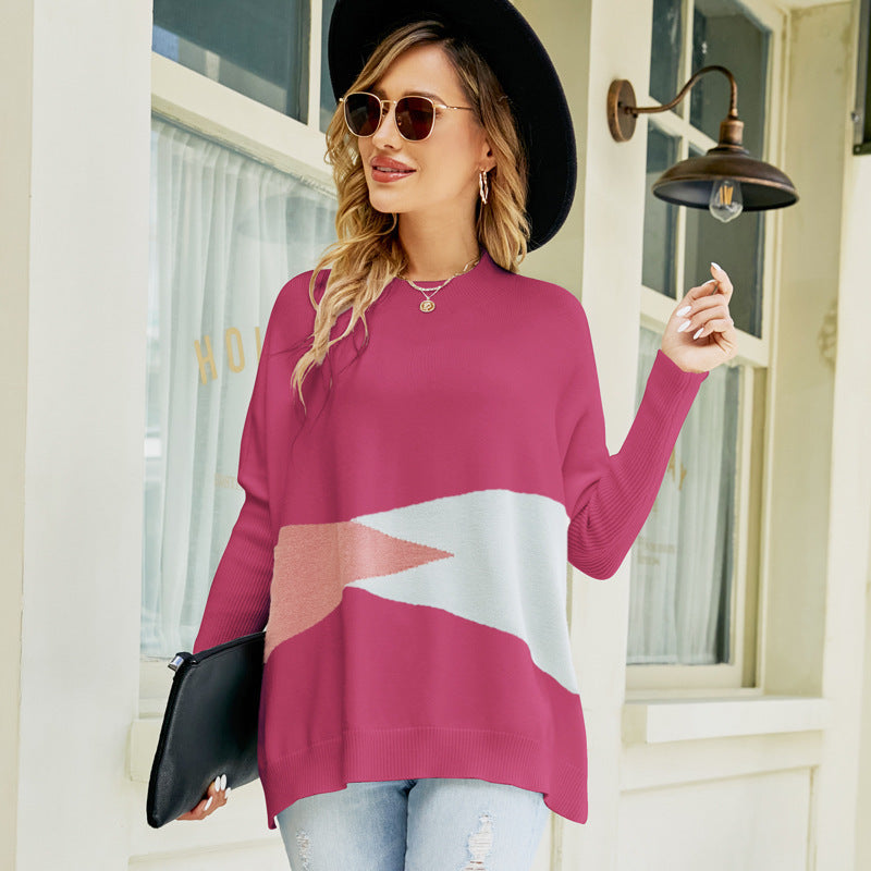 Loose Batwing Sleeve Pullover Sweater Contrast Color Sweater