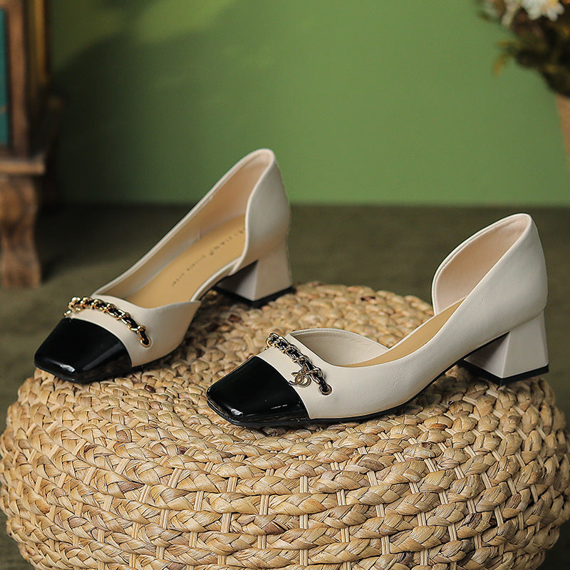 Chaussures classiques à bout carré et épaisses pour femmes, assorties aux couleurs