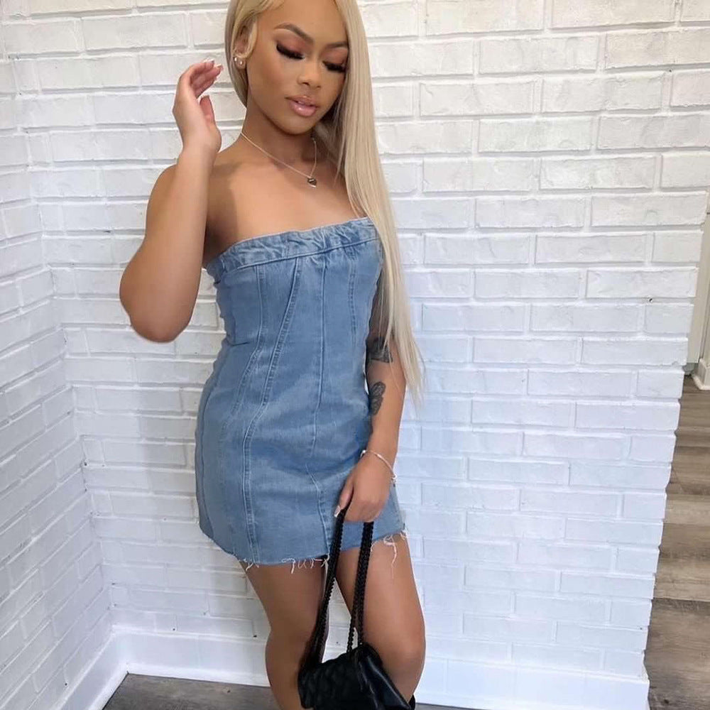Robe portefeuille en jean dos nu délavée