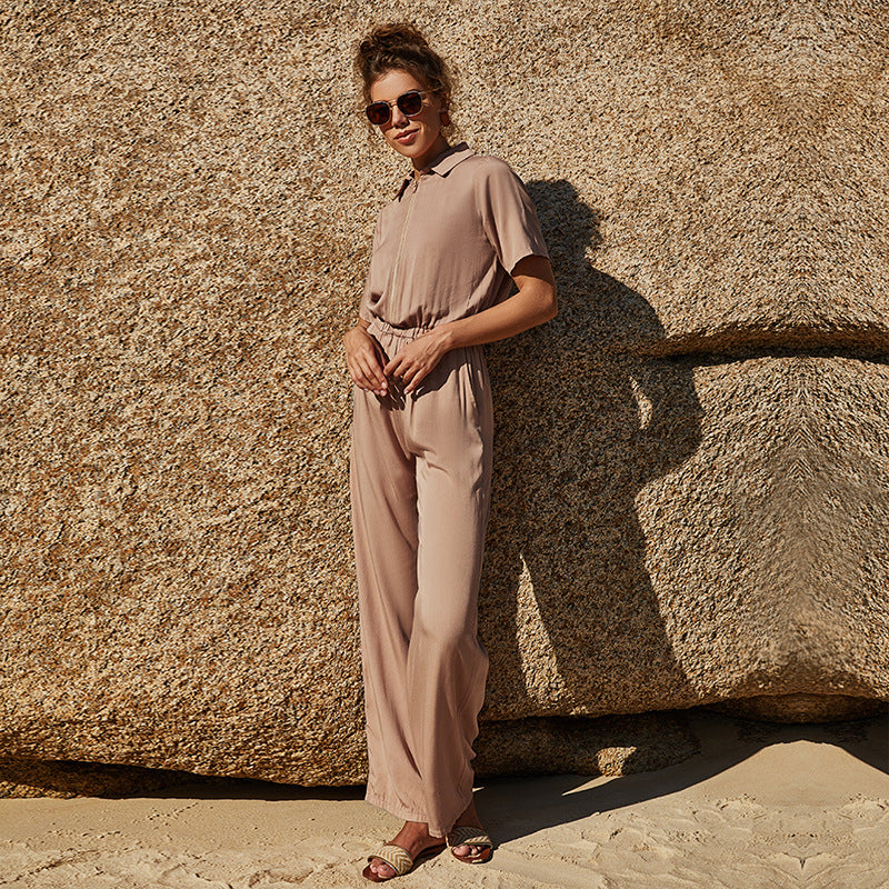 Einteiliger Jumpsuit mit halben Ärmeln, einfarbig, mit Reißverschluss und Kragen, Freizeithose mit elastischer Taille