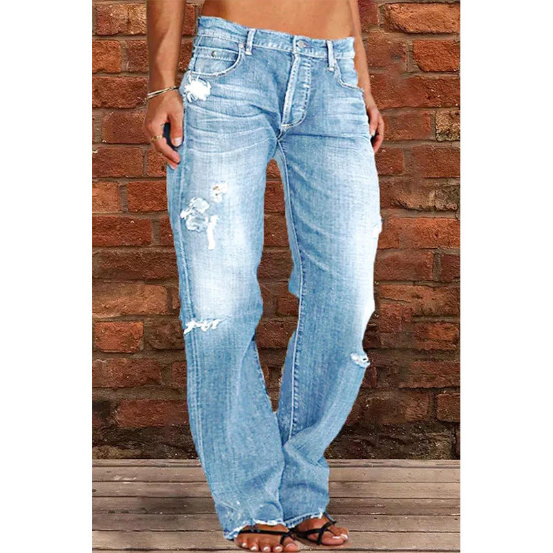 Denim Trousers Mid Waist Straight Leg Pants