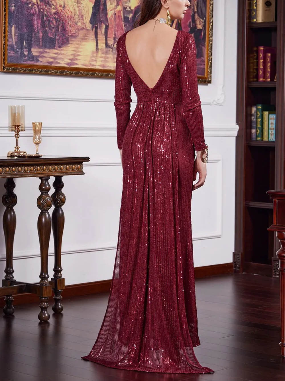 Dress Backless Long Sleeves Slim Fit Slit Cocktailmal Maxi Dress