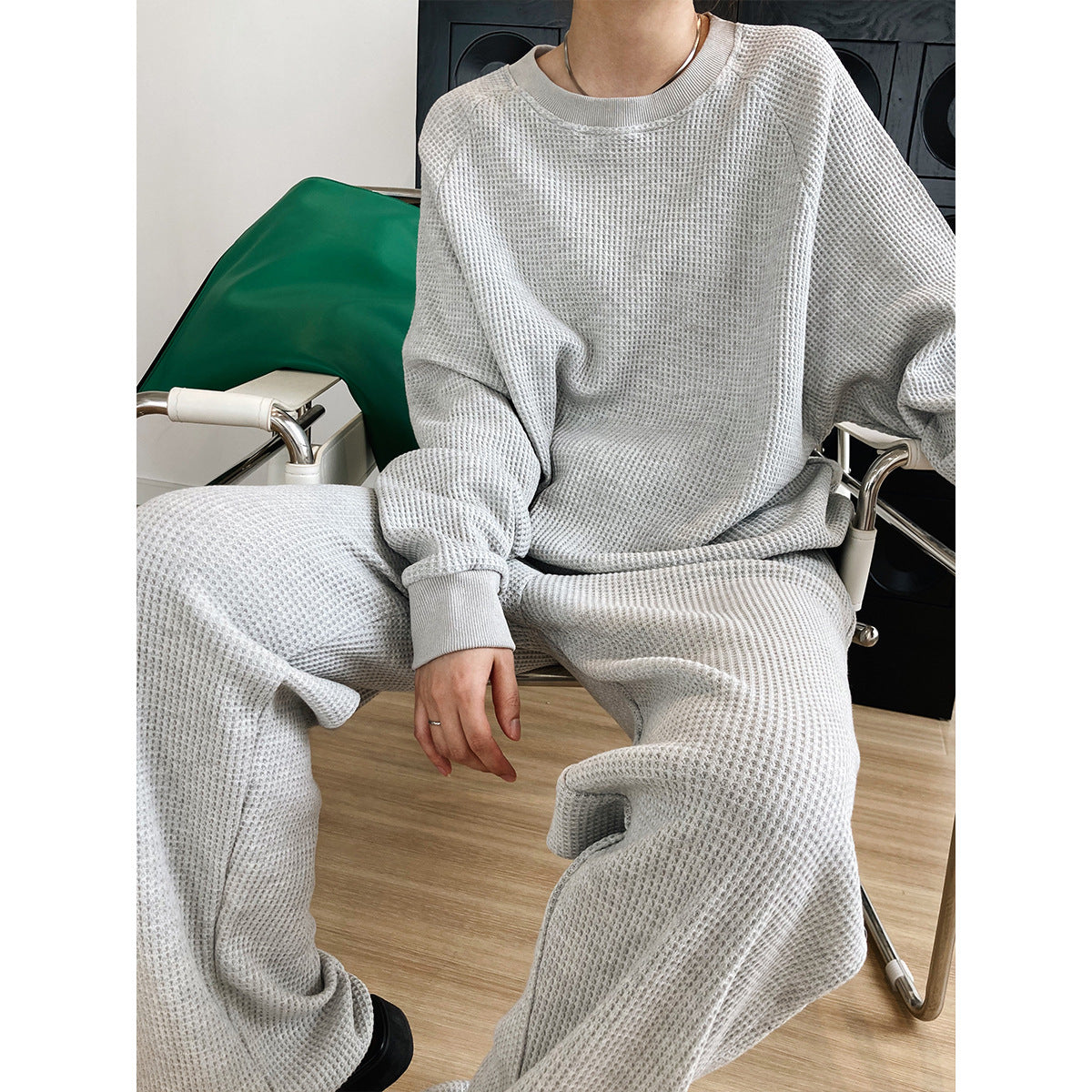 Korean-Style Long-Sleeved Waffle Sweater Ankle-Tied Sweatpants Two-Piece Suit Casual Exercise