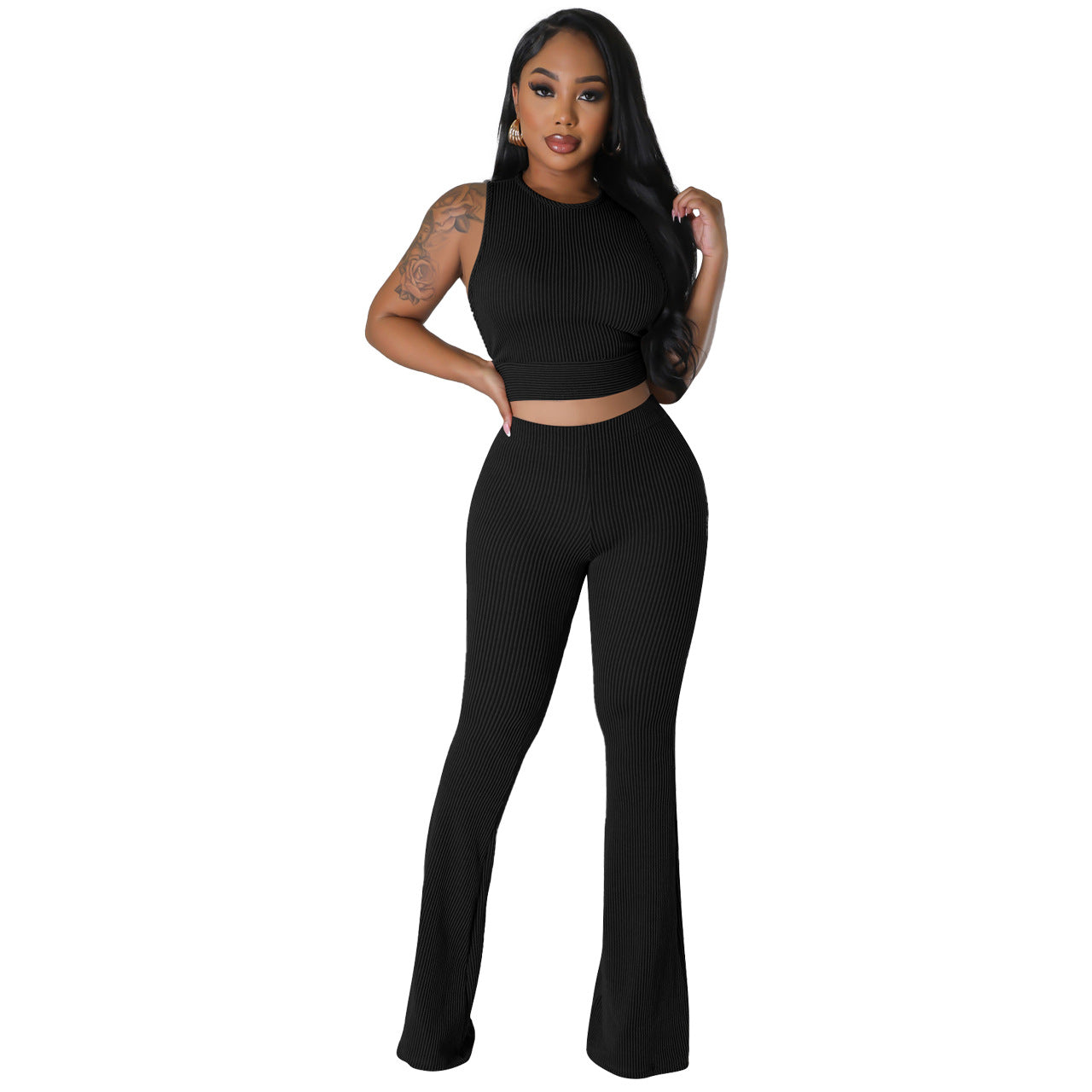 Casual Set Solid Color Rib Fabric Sleeveless Bootcut Trousers Two Piece Set