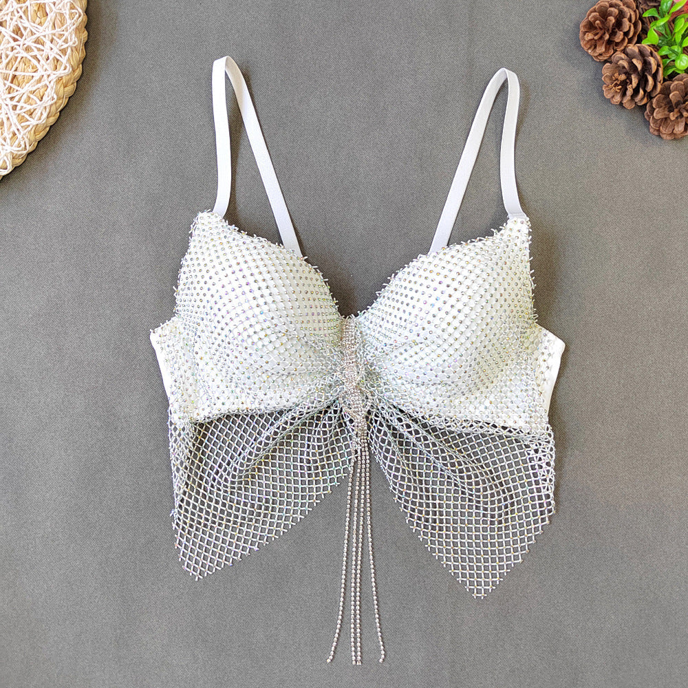 Lingerie Fishing Net Diamond Stage Bra Colorful Butterfly Corset Lovely Rhinestone Embellished Tassel Sling