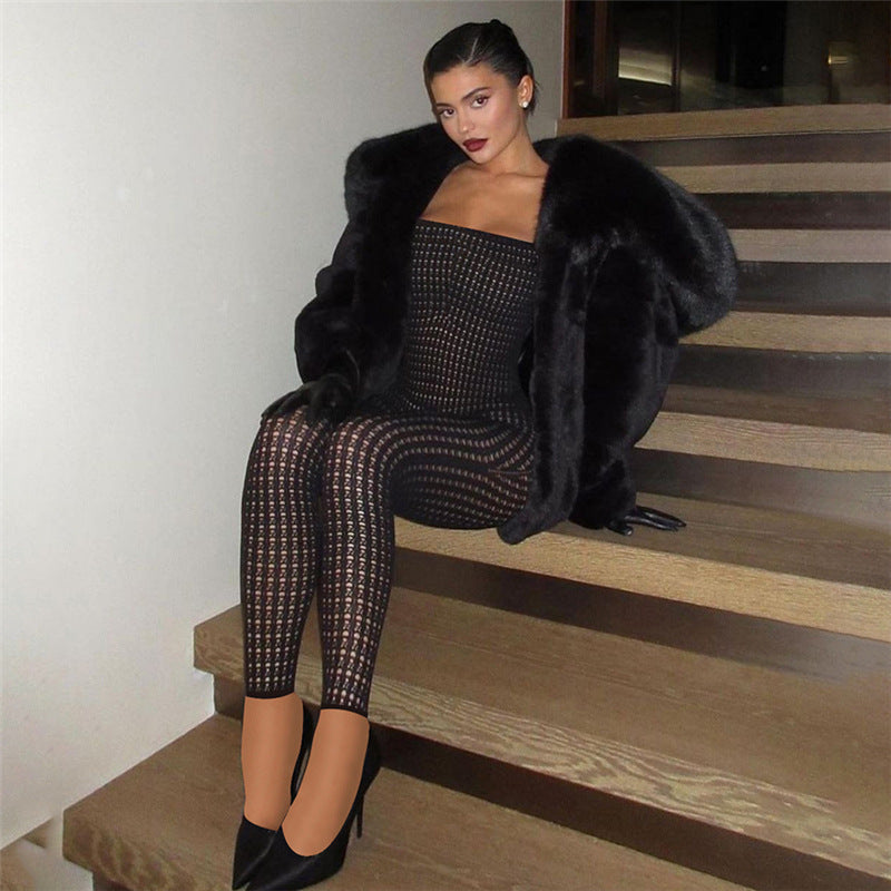 Cutout Etuikleid Skinny Mesh High Waist Lässige Einteilerhose