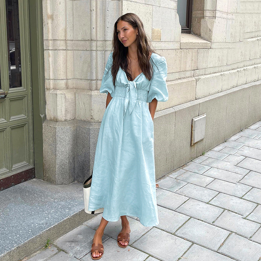 Elegantes französisches Kleid, tief ausgeschnitten, V-Ausschnitt, Puffärmel, hohe Taille, Baumwoll-Leinen-Kleid
