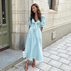 Elegantes französisches Kleid, tief ausgeschnitten, V-Ausschnitt, Puffärmel, hohe Taille, Baumwoll-Leinen-Kleid