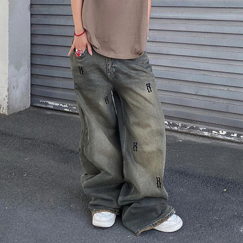 Jean taille basse style rétro style hip-hop, imprimé vieilli, simple, lettres graphiques, ample, décontracté, jambes larges