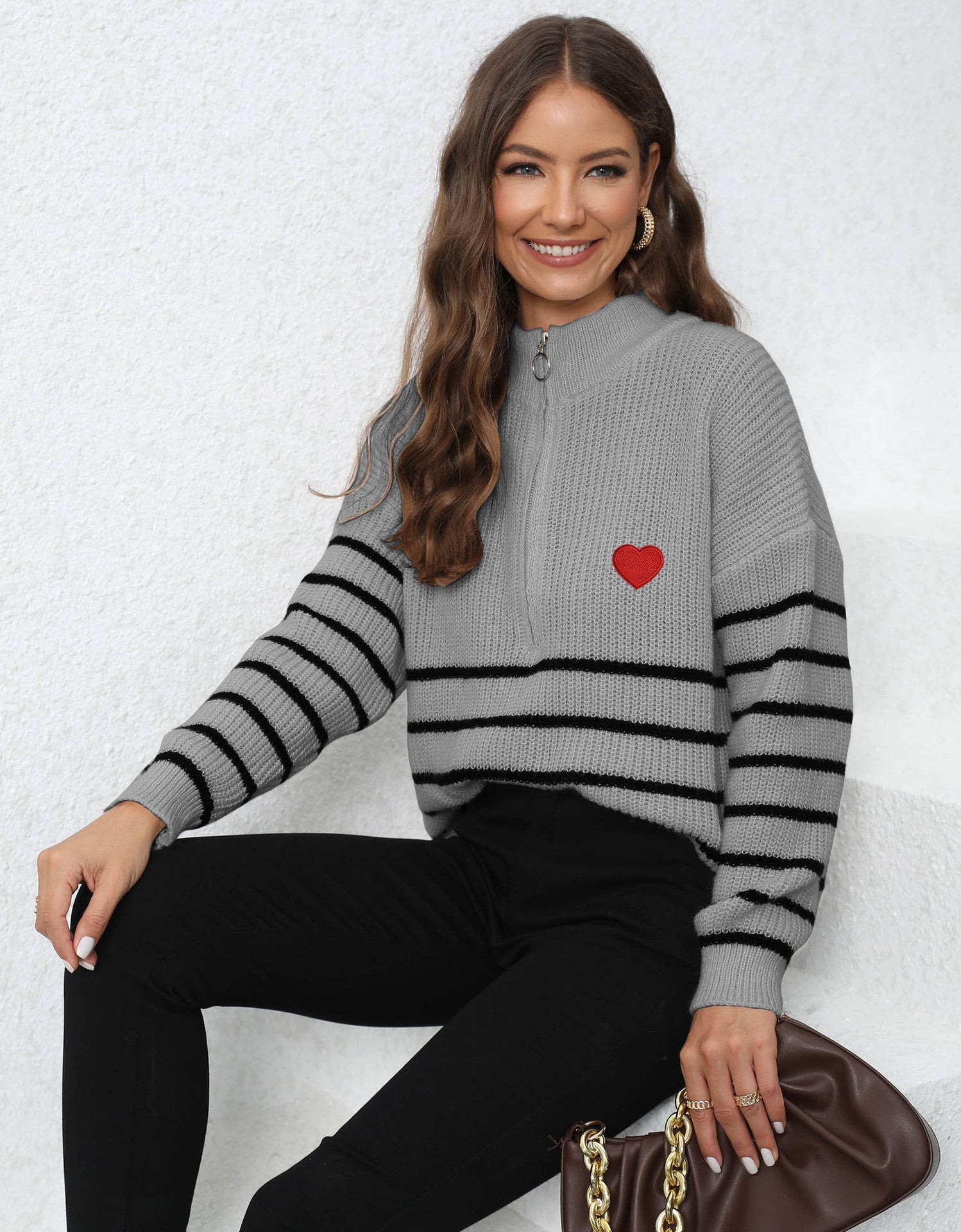Pullover Pullover Gewebte Streifen Nähte Halb Rollkragen Lose Zip Top Pullover