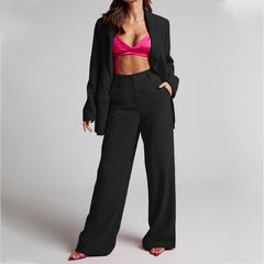 Elegant Collared Long Sleeve High Waist Trousers Two Piece Set