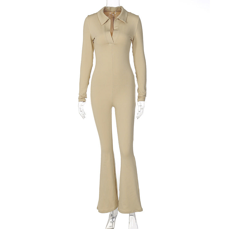 Polo Collar Slimming Long Sleeves Casual Wide Leg Pant Jumpsuit