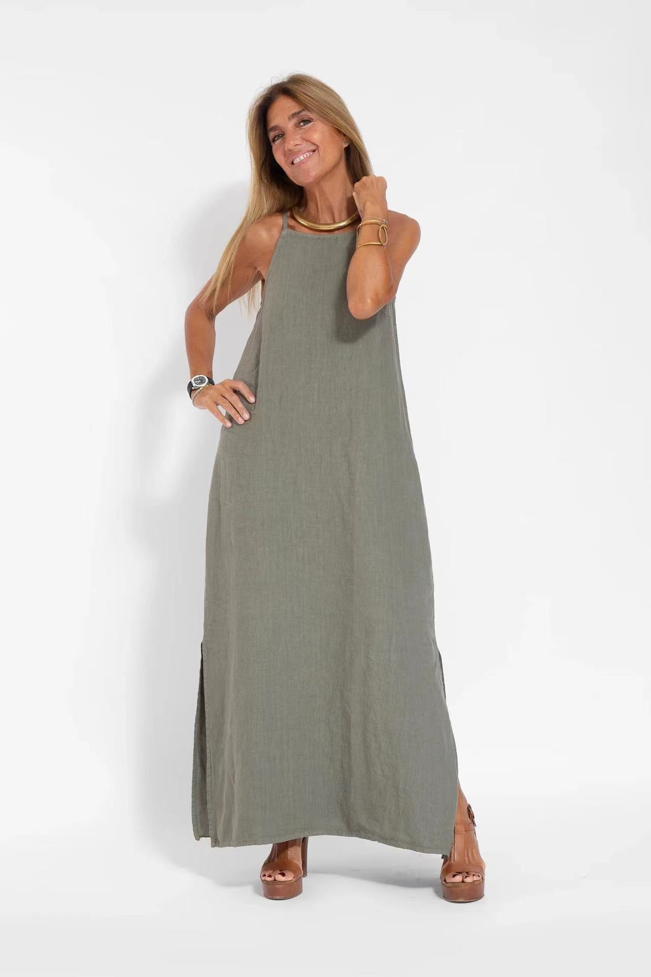 Fashionable Cotton Linen Slit Sleeveless Loose Dress