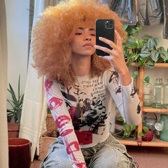 round Neck Pullover Long Sleeve Mesh Printed Cropped Exposed Casual Top