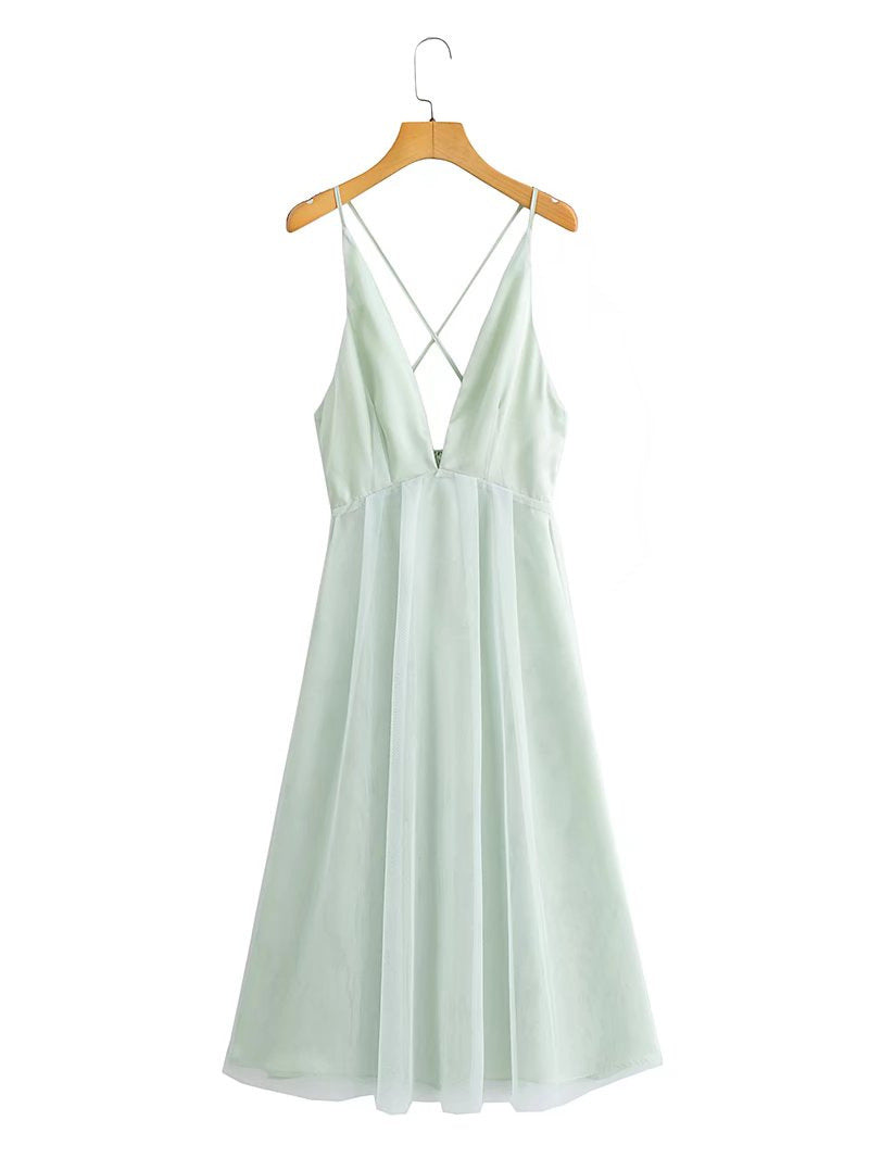 French Deep V-neck Backless Gauzy High Waist Maxi Dress Female